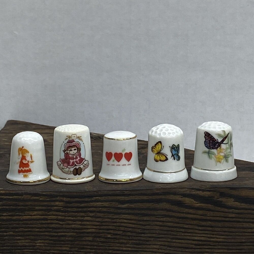 Lot Of 5 Thimbles Vintage Sewing Collectible Mixed Lot Butterfly Doll Angel